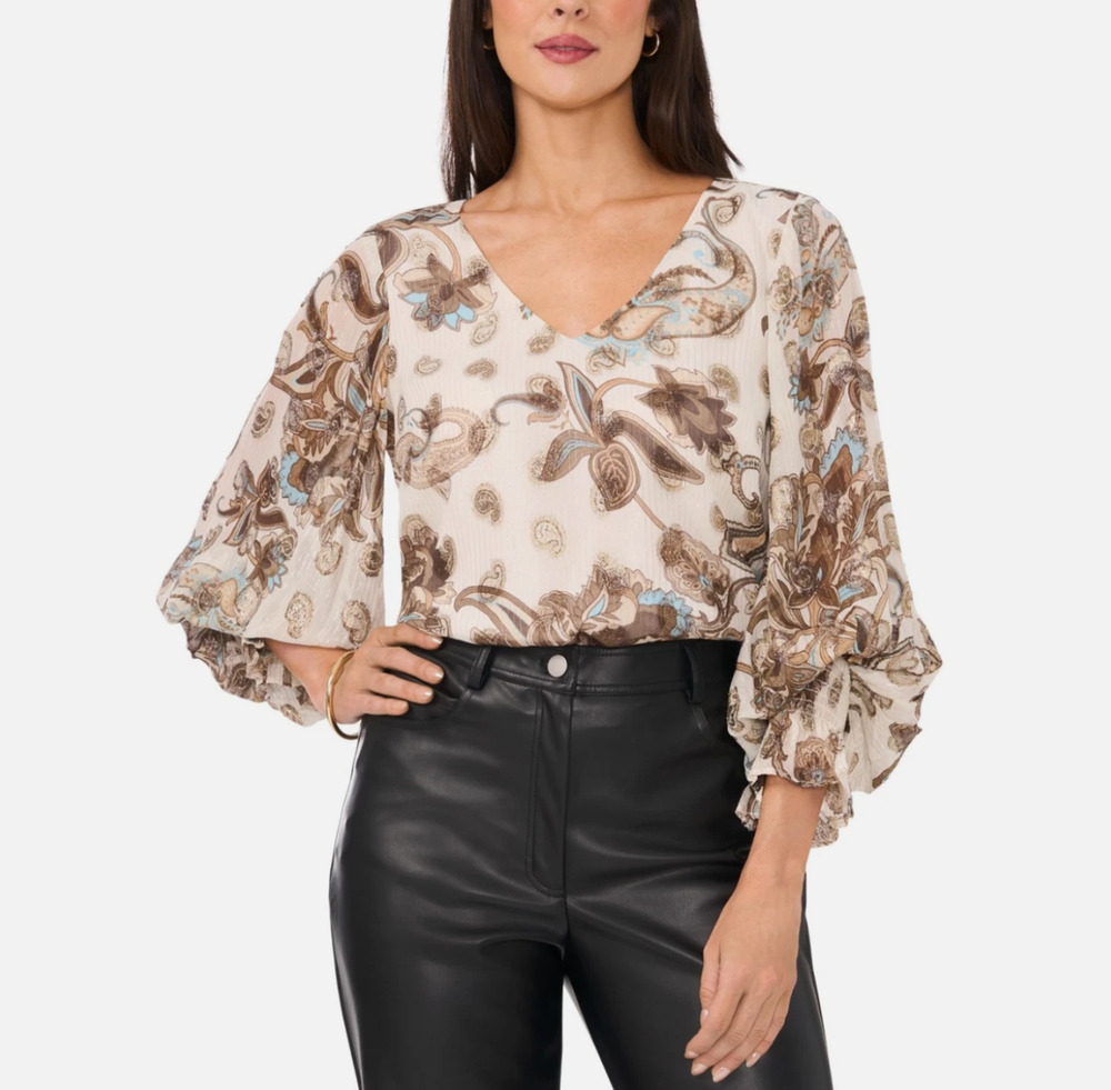 Vince Camuto Women Metallic Print Smocked Cuff Top Birch Size M
